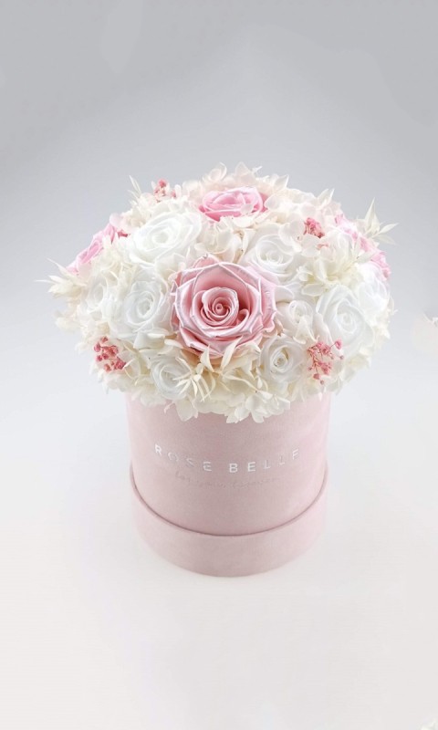 Rose Belle Box M różowy DeLuxe z hortensją