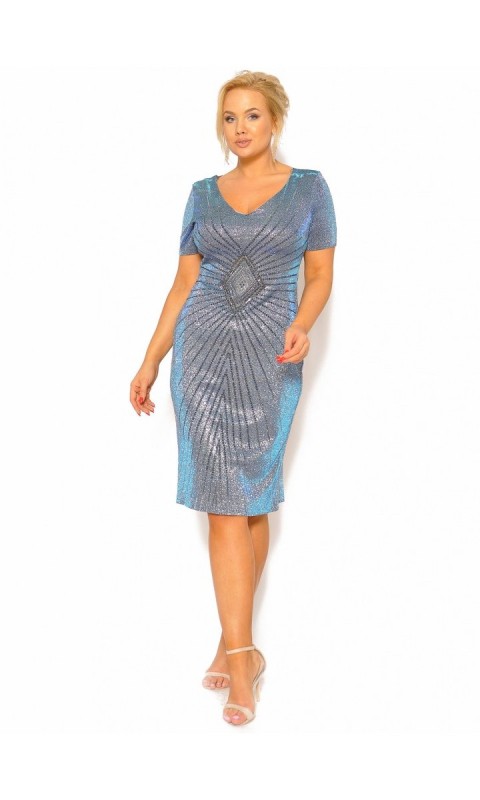 M&M - Efektowna mieniąca sukienka z krótkim rękawem zdobiona cekinami w kolorze srebrno błękitnym .Model:CU-4362 - Rozmiar: 44(XXL)