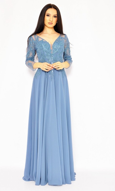 M&M - Elegancka sukienka maxi w kolorze szaro-niebieskim. MODEL PW-7426 - Rozmiar: 34(XS)