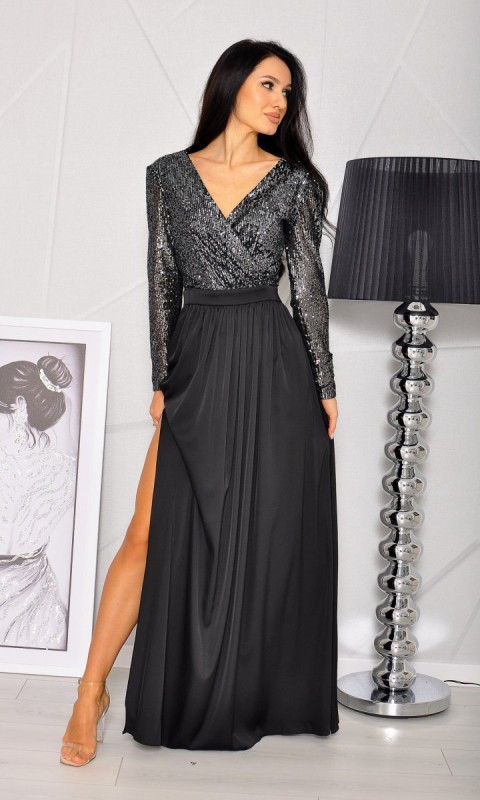 M&M - Sukienka maxi z długim rękawem i cekinową stalową górą oraz czarnym a'la satynowym dołem. MODEL:LC-7715 - Rozmiar: 34(XS)