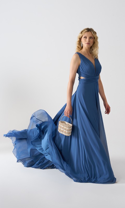 Niebieska sukienka z wyciętą talią _XS