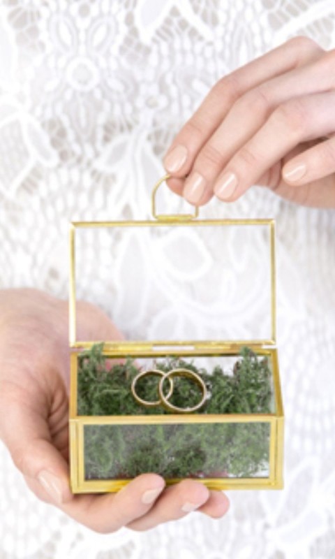 Szklane pudełko na obrączki z mchem, złoty, 9x5,5x4cm